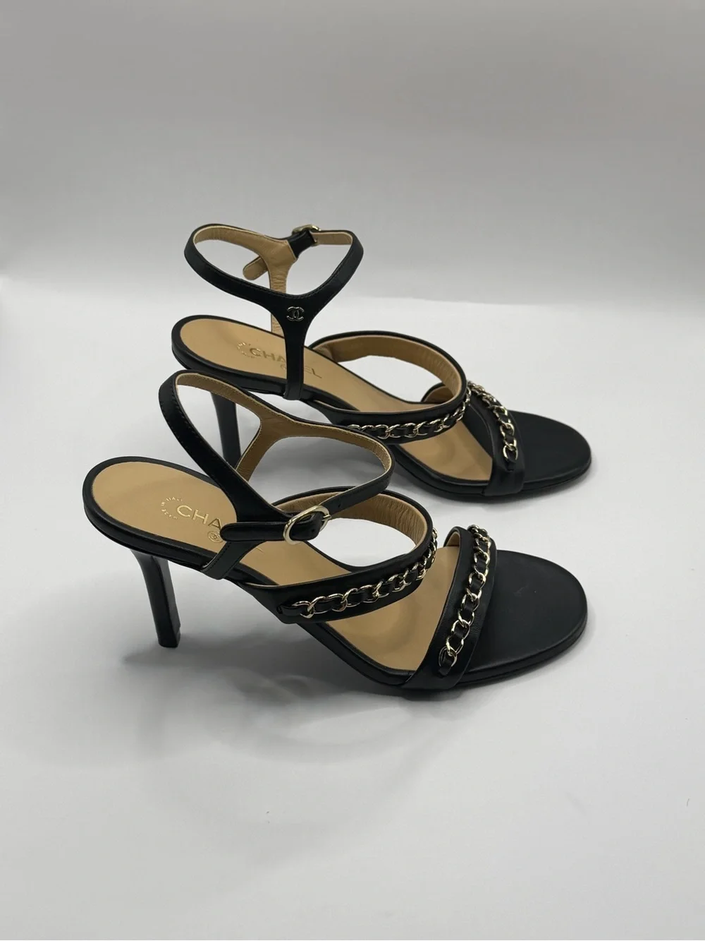 CHANEL Black Leather Chain-Trim High Heel Sandals